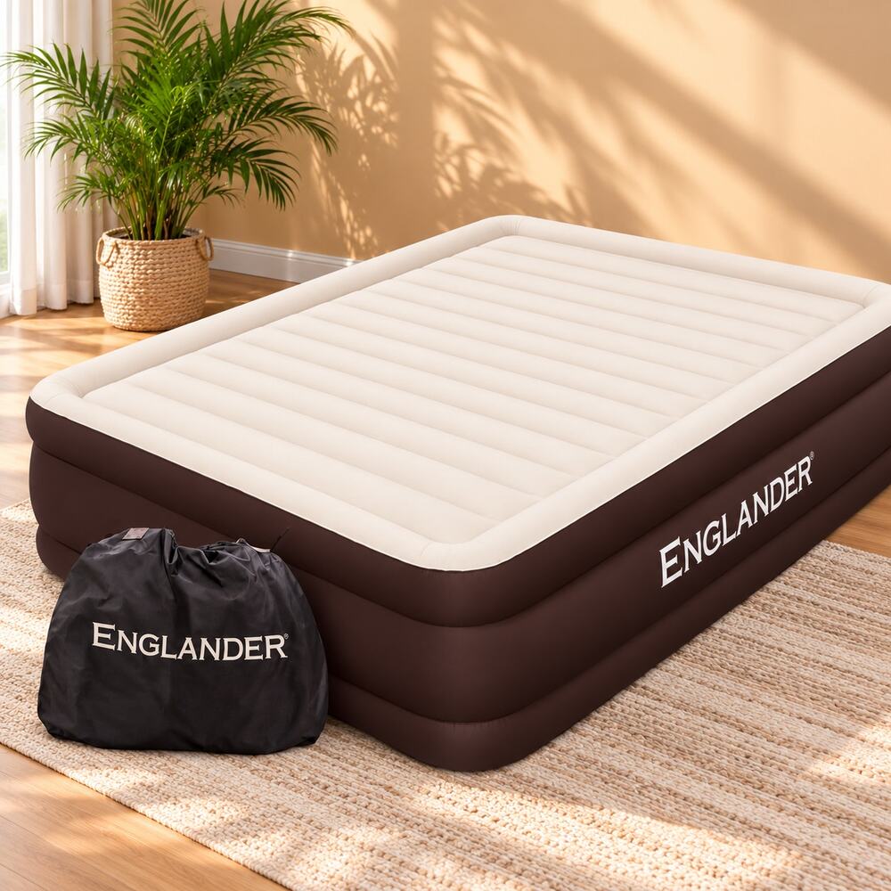 NWT Englander First Ever Microfiber Queen Air Mattress, brown Built-in Pump, 20"